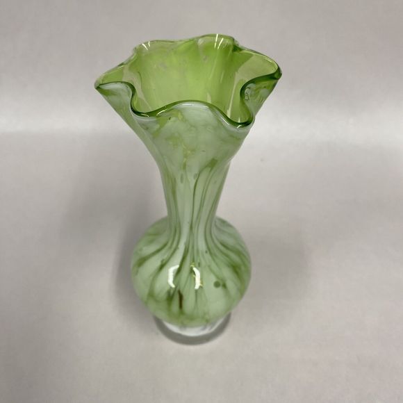 Art Glass Vase Hand Blown Green White Ruffled Rim Small 6.5" Tall Decor Flowers - Picture 2 of 10